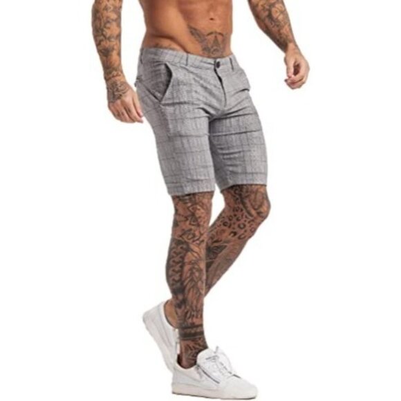 Gingtto Mens 34 Gray Plaid Skinny Chino Shorts Cuffed Stretch - Picture 12 of 12
